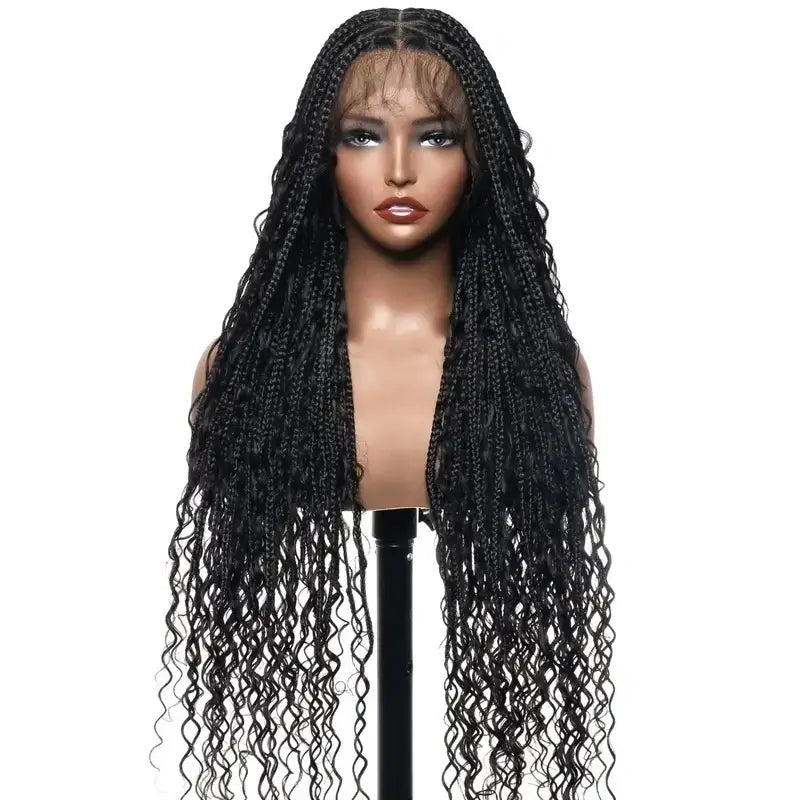 Full Lace Deep Wave Knotless BOHO Braided Wig- Synthetic hair